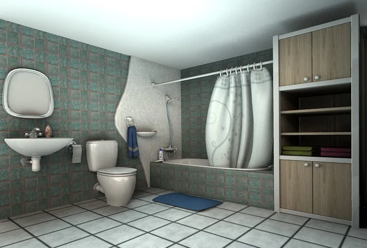 A rendered bathroom with teal wall tiles, a washbasin, a toilet, a bathtub with a patterned curtain and a wooden storage unit.