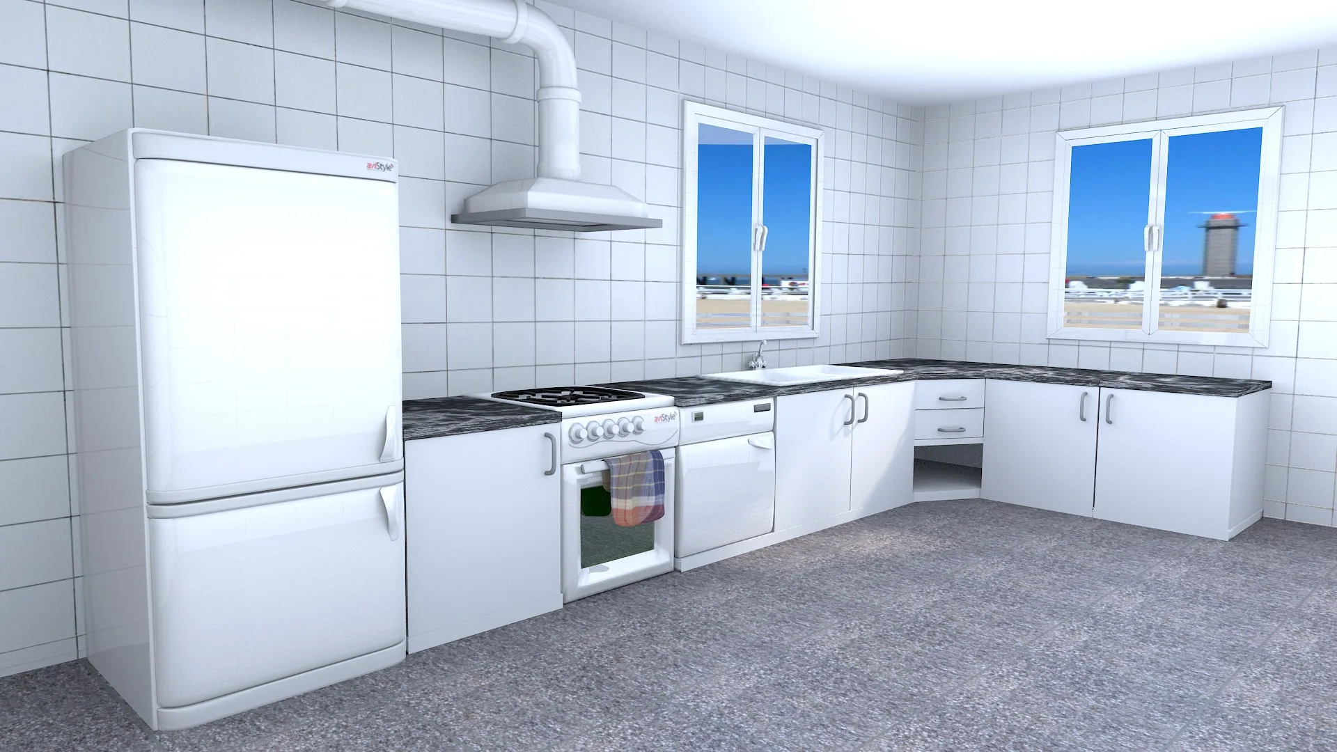 A rendered white kitchen with a tall fridge, hob, oven and worktop under two windows, on a grey carpeted floor.