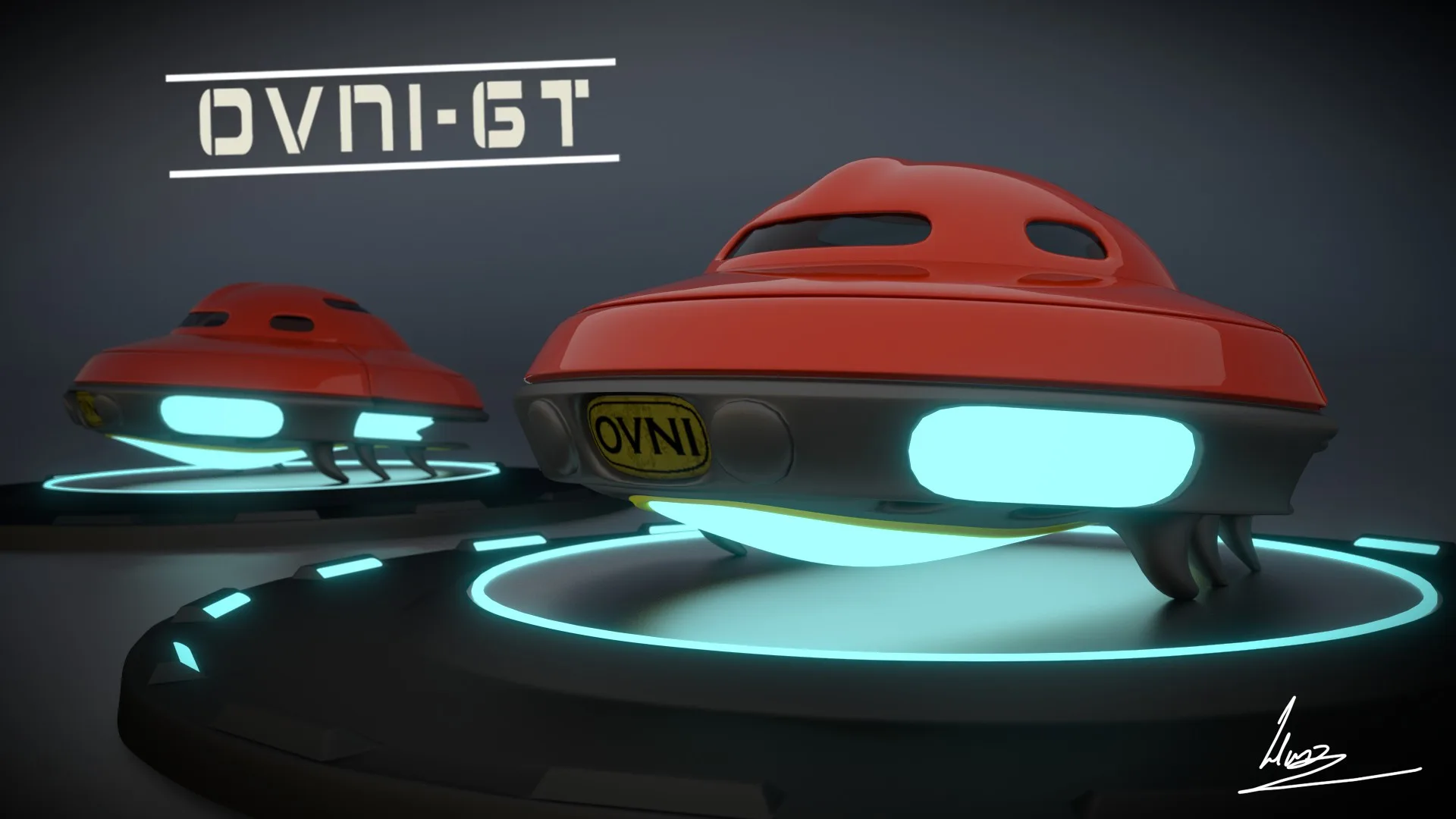 Two red saucer-shaped hovering vehicles with glowing cyan lights on a dark round platform, with the text OVNI-GT at the top left.
