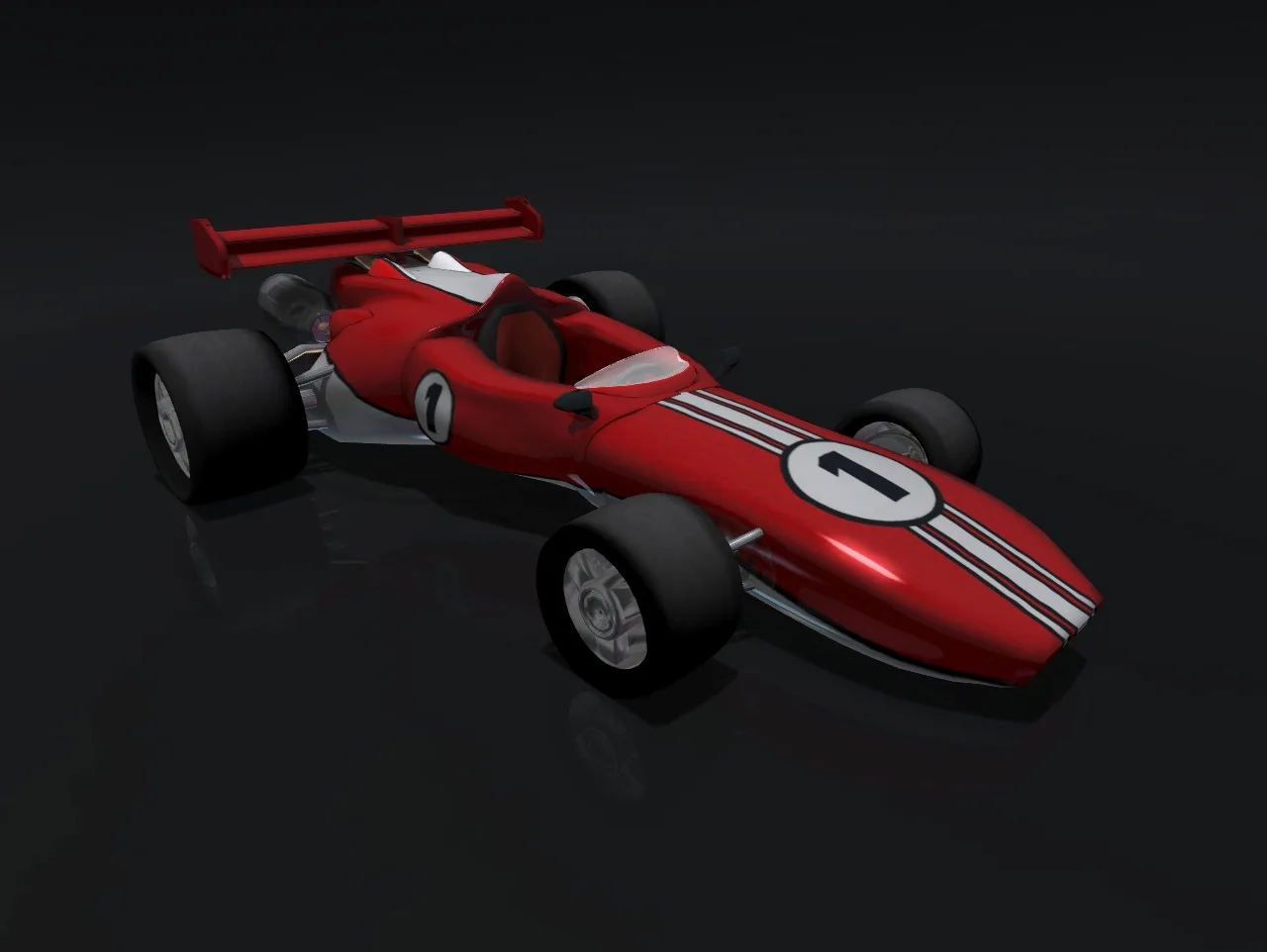 A red open-wheel racing car with the number 1 and white stripes, seen from above and in front on a dark background.