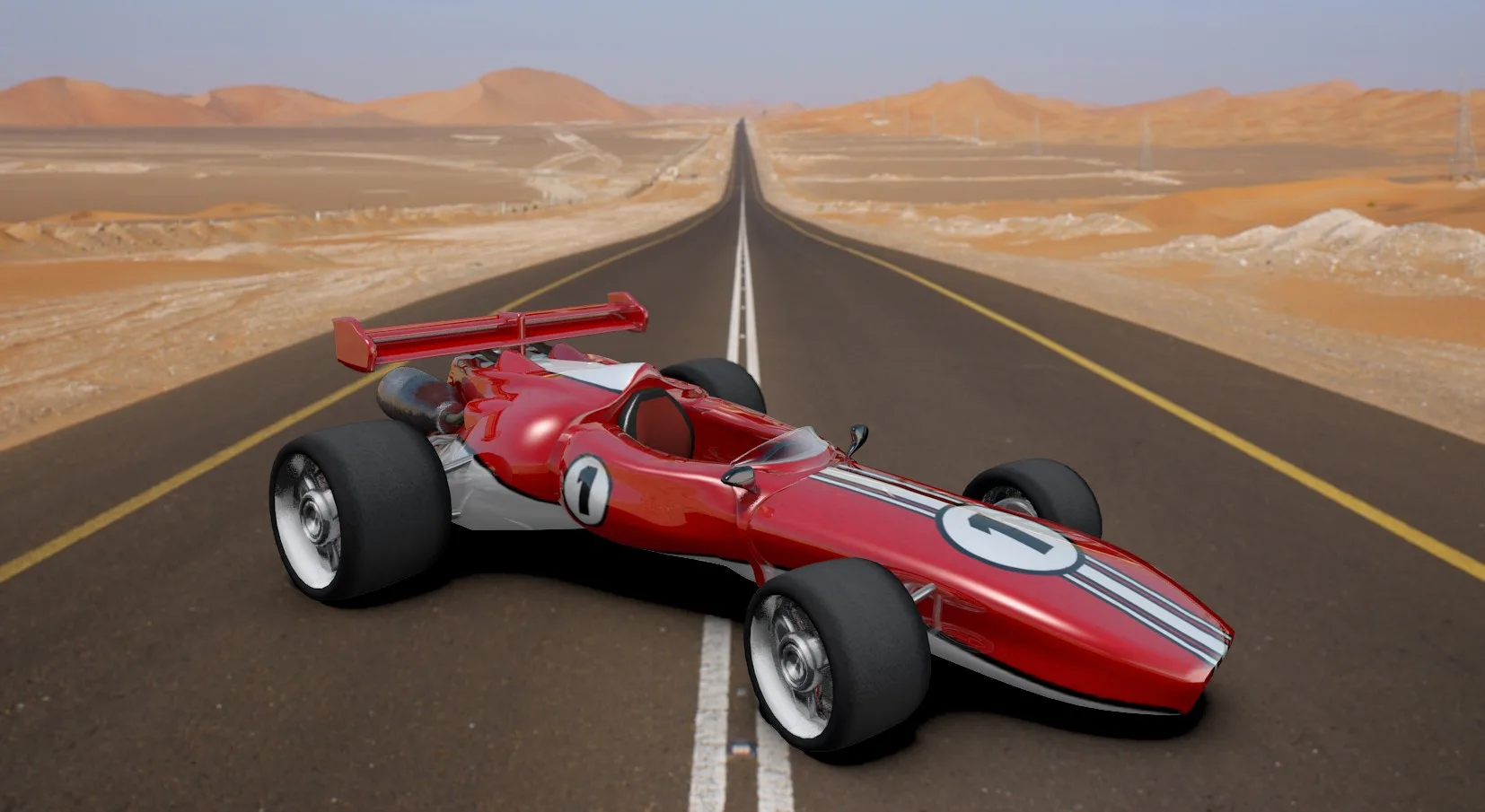 The red number 1 open-wheel racing car on a straight road that crosses a desert of orange dunes.