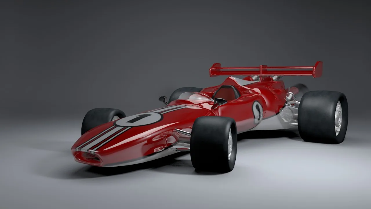 The red number 1 open-wheel racing car with a rear wing, seen from the front left in a grey studio.