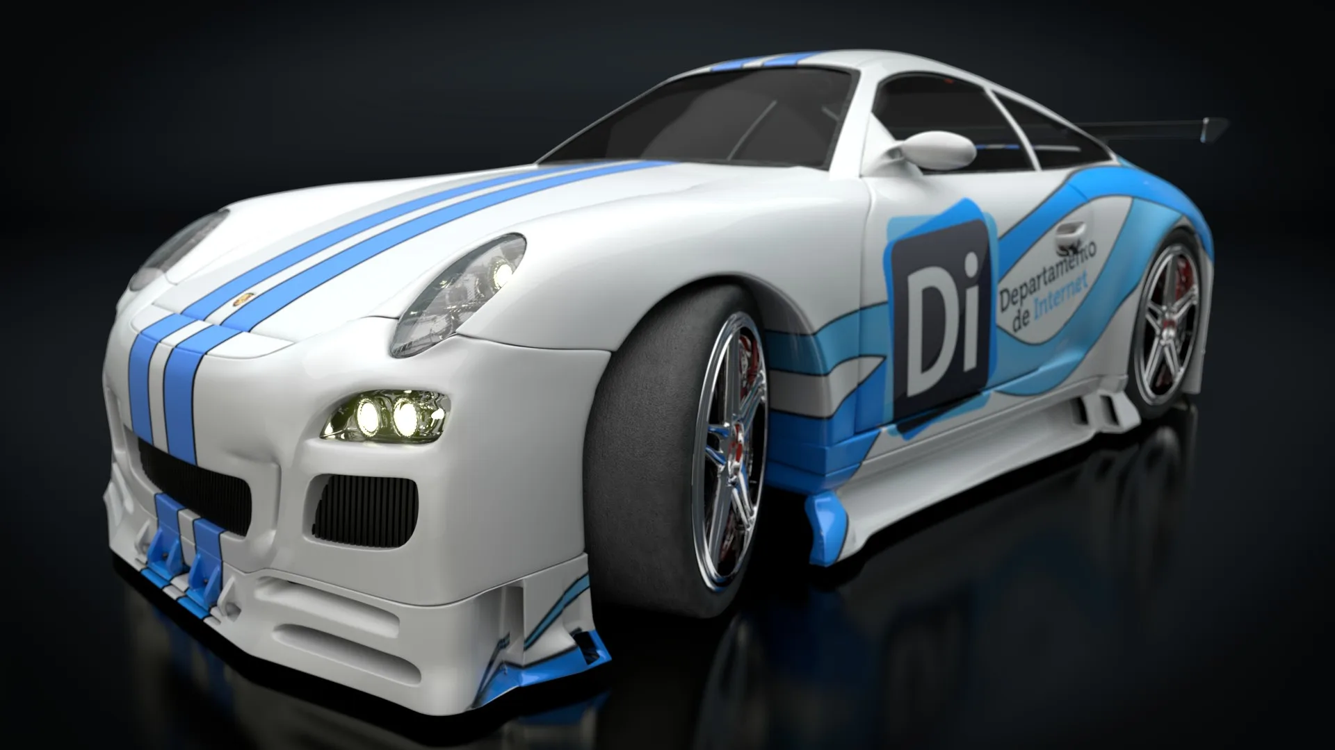 Front view of a white sports car with blue stripes and a “Di Departamento de Internet” livery on a dark background.