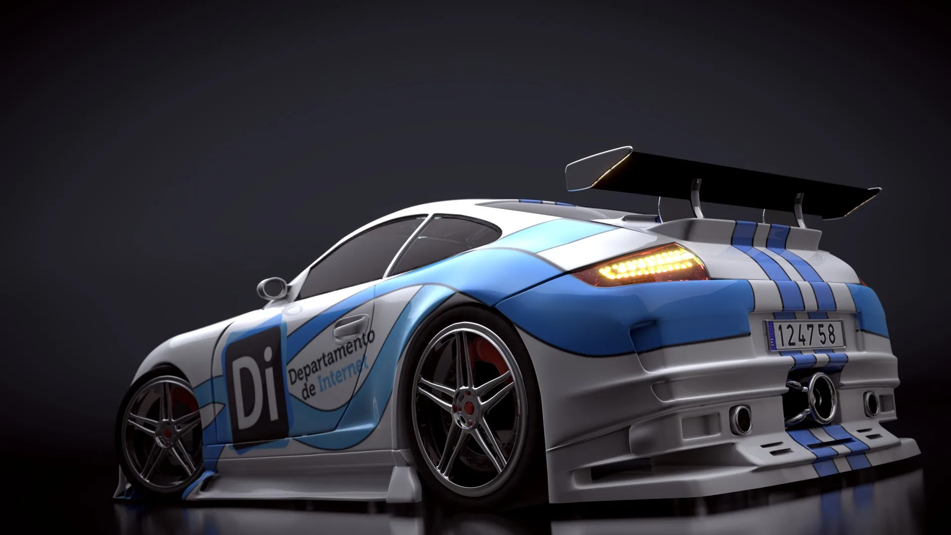 Rear three-quarter view of the white and blue sports car, with a large rear wing and a number plate, on a dark studio background.