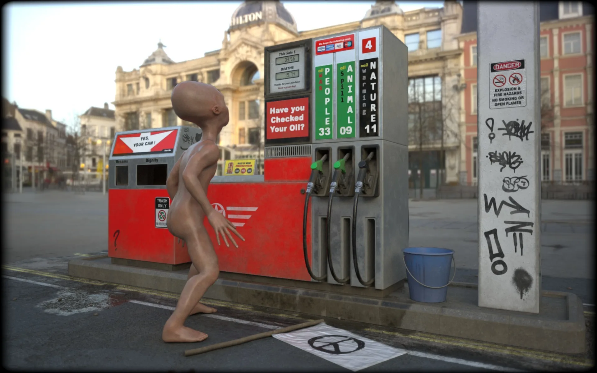 A small bald, long-limbed alien with reddish skin stands beside a worn red petrol pump in an empty city square, with one hand raised.