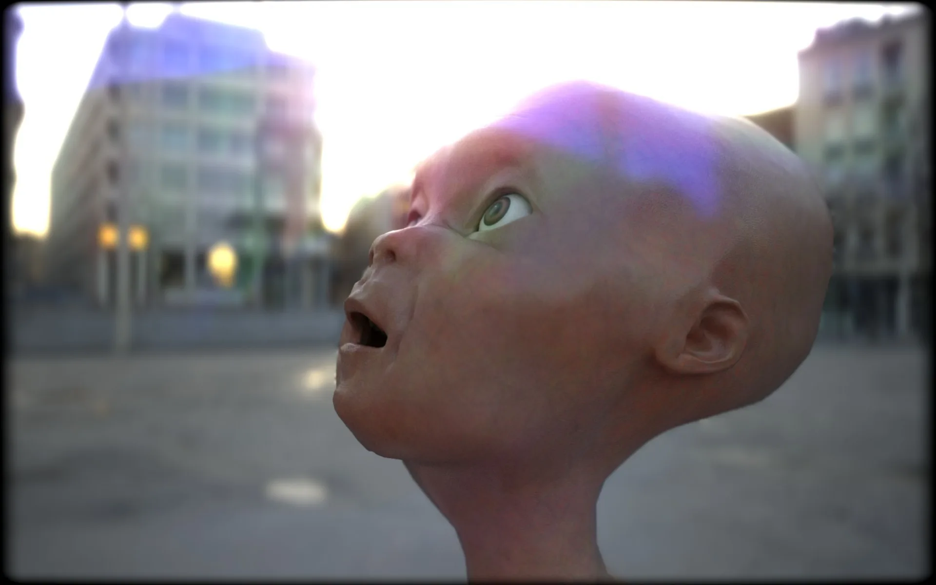 The alien's head in profile, looking upwards in the light of a city street at dusk, with blurred buildings behind.