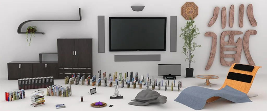 A set of rendered living room props on a white background: a wall unit with a television and speakers, books, a plant, a lounge chair and a stone turtle, with copper wall characters at the top right.