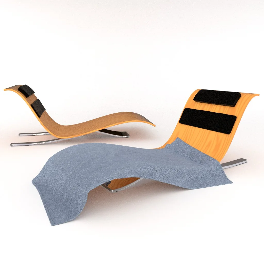 Two curved light-wood lounge chairs with black pads, one covered by a draped grey-blue blanket.