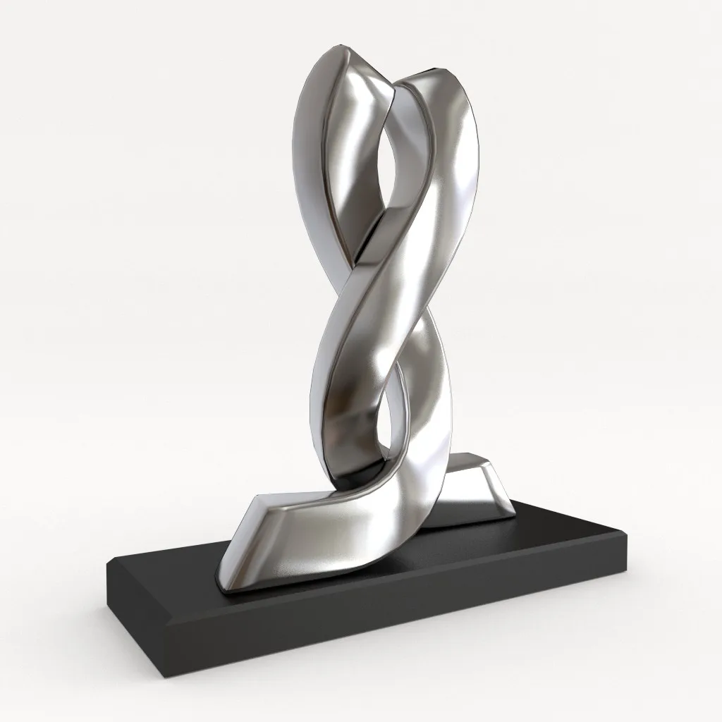 A polished chrome sculpture of two intertwined twisting forms on a black rectangular base.