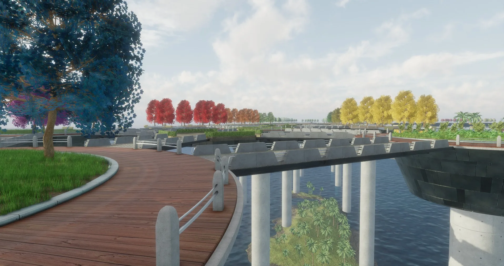 A curved wooden boardwalk running along a walkway raised on pillars over water, with a blue tree on the left and red and yellow trees ahead.