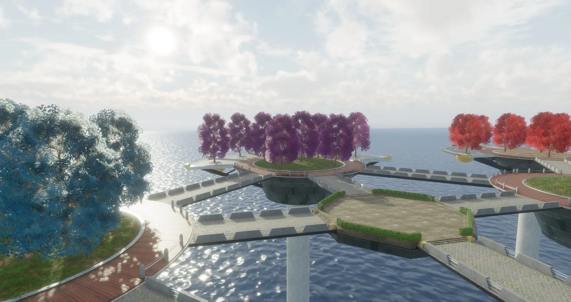 A view over a sunlit sea of connected round platforms and walkways on pillars, with purple, red and blue trees.