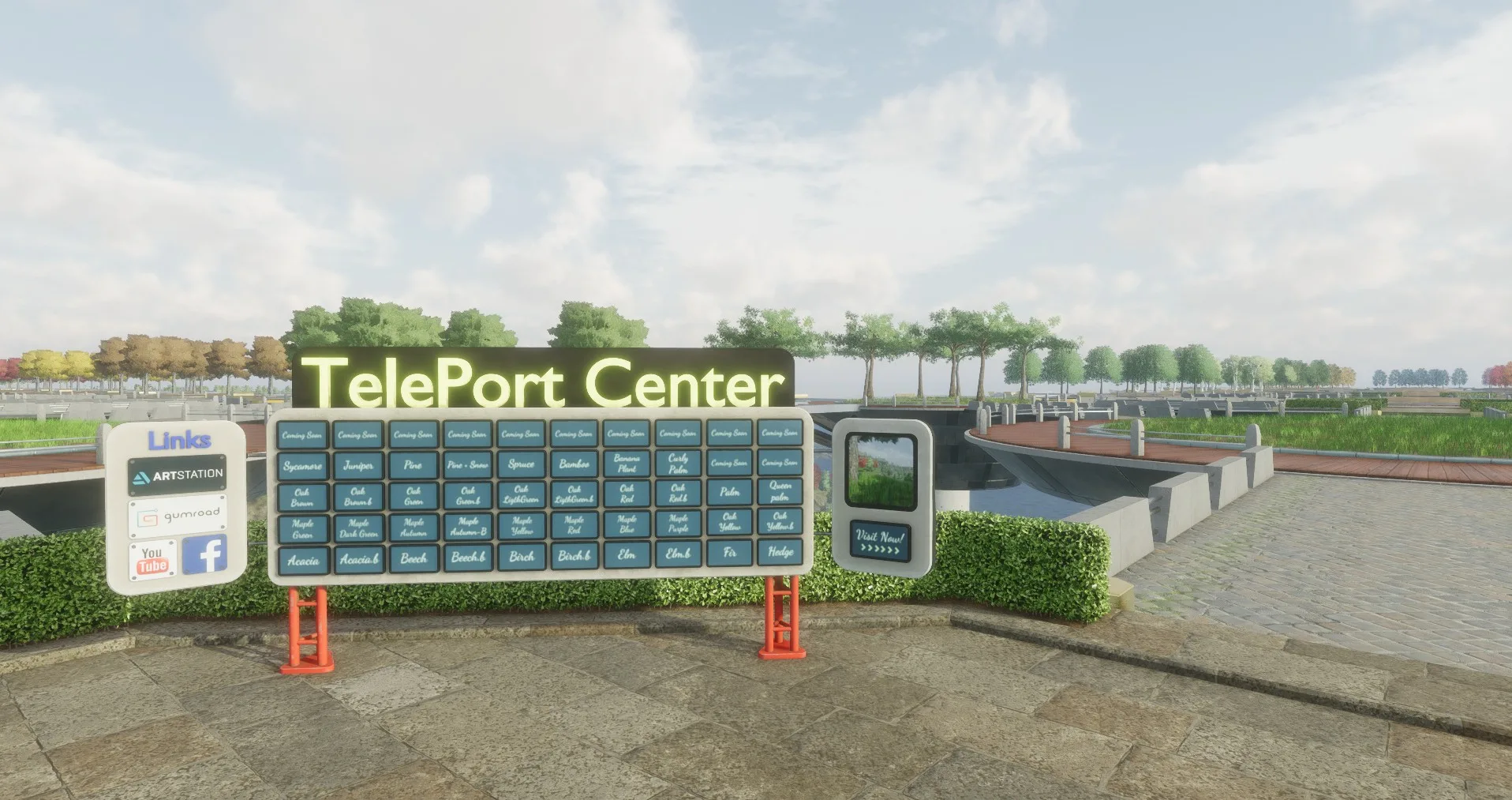 A sign reading TelePort Center above a grid of destination buttons, with a links panel, on a stone-paved platform among hedges.