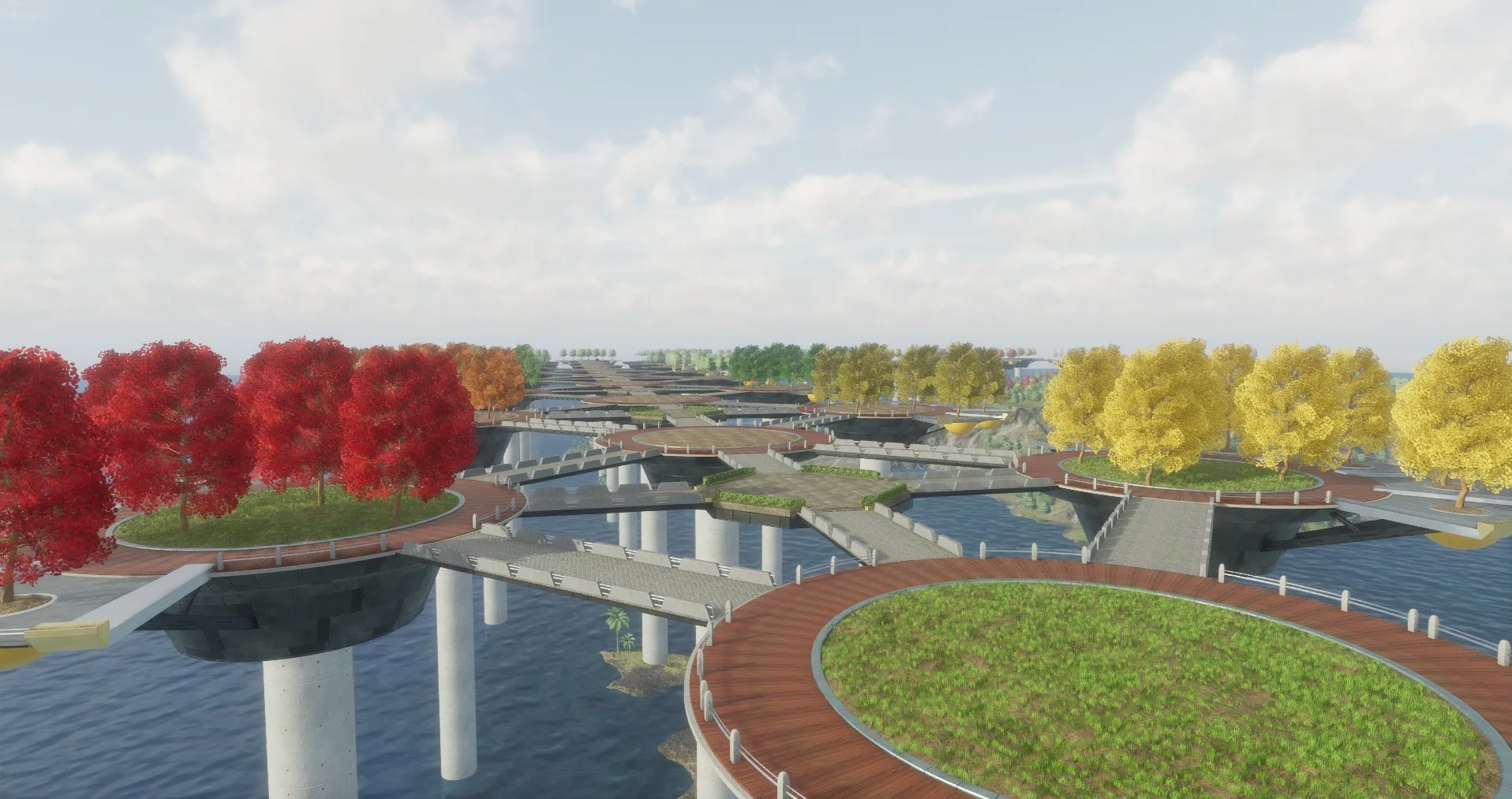A town of round platforms and walkways on pillars over water, with a circular red-brick path around a grass lawn and red and yellow trees.