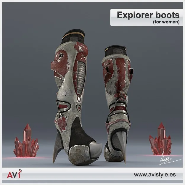 Product picture titled “Explorer boots (for women)”: a pair of weathered grey and red armoured boots with red crystals on the floor, with the AVi logo and www.avistyle.es.