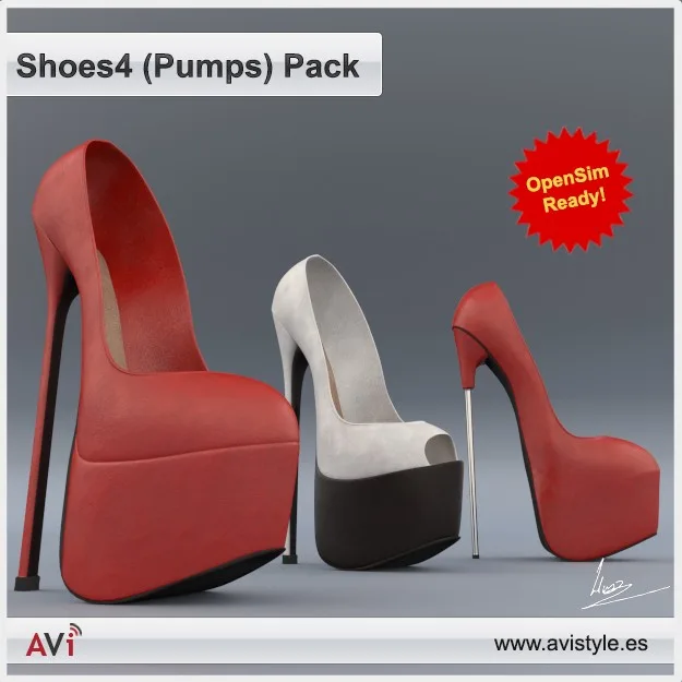 Product picture titled “Shoes4 (Pumps) Pack”: three high-heeled platform pumps in red, white and red-and-black, marked OpenSim Ready!