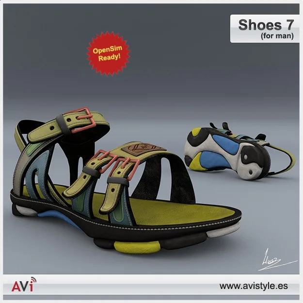 Product picture titled “Shoes 7 (for man)”: colourful buckled strap sandals, marked OpenSim Ready!