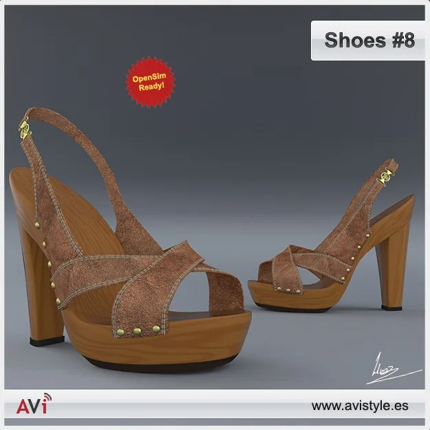 Product picture titled “Shoes #8”: tan leather slingback sandals with studs and a wooden block heel, marked OpenSim Ready!