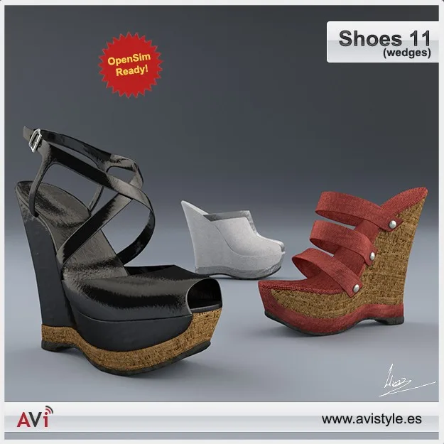 Product picture titled “Shoes 11 (wedges)”: wedge shoes in black patent leather, white, and red, with cork soles, marked OpenSim Ready!