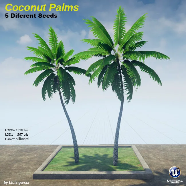 Tree card: Coconut Palms, five different seeds. Two curved palms with long green fronds stand on a grass plot against a blue sky, with triangle counts for each level of detail.