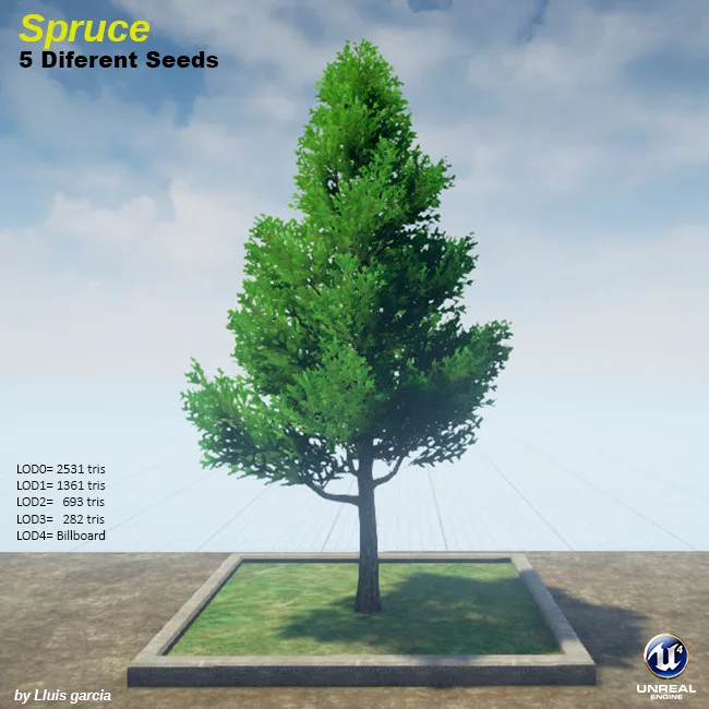Tree card: Spruce, five different seeds. A spruce with a dense, cone-shaped crown of bright green needles. It stands on a grass plot against a blue sky, with triangle counts for each level of detail.
