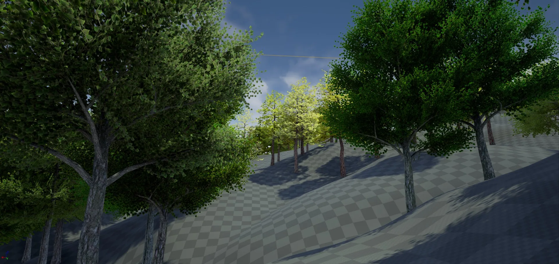Leafy green trees on a hill with a grey checkered ground, under a blue sky.