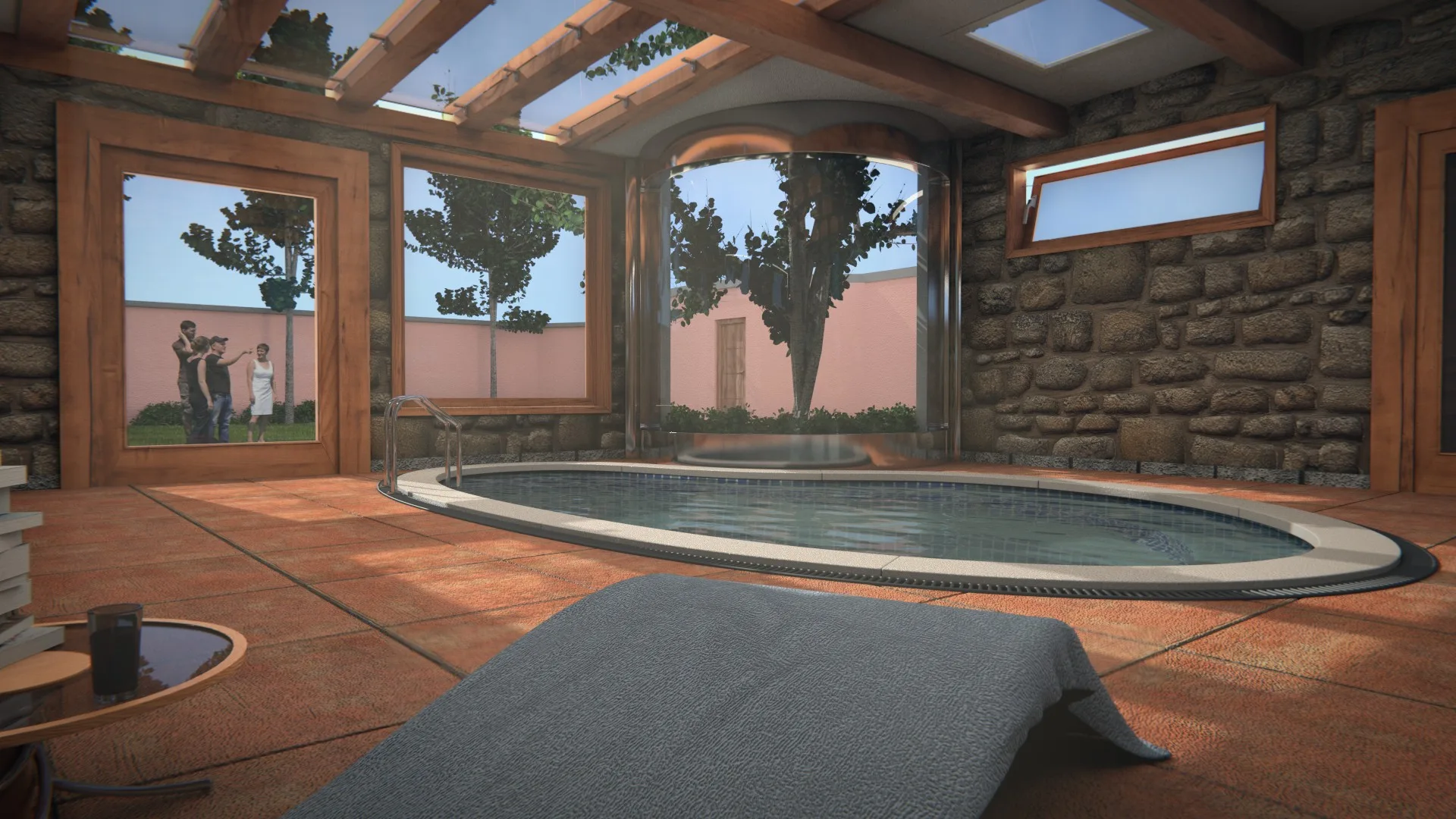 A stone-walled pool house with a timber roof and skylights, a round indoor pool and a draped lounge chair in the foreground.