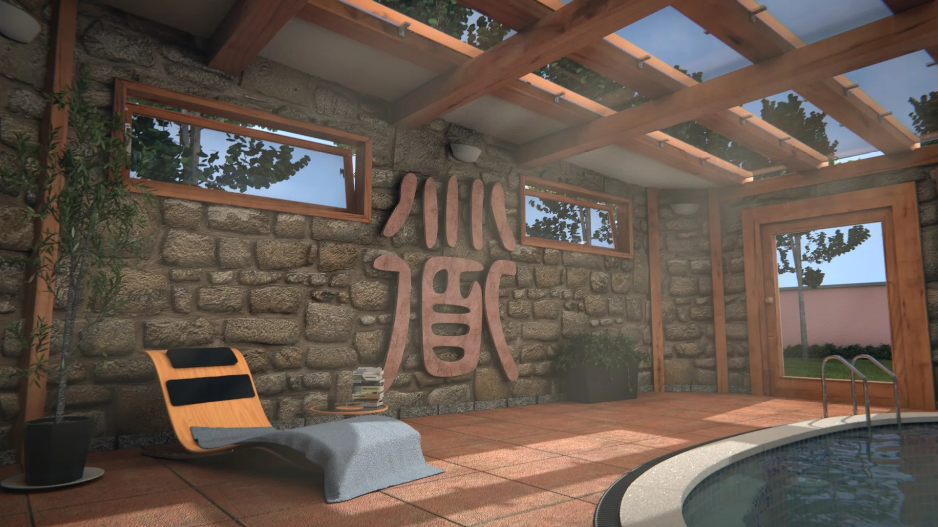 Interior with stone walls and wooden beams, a lounge chair with a blanket, a plant and copper wall characters, with the pool at the right.