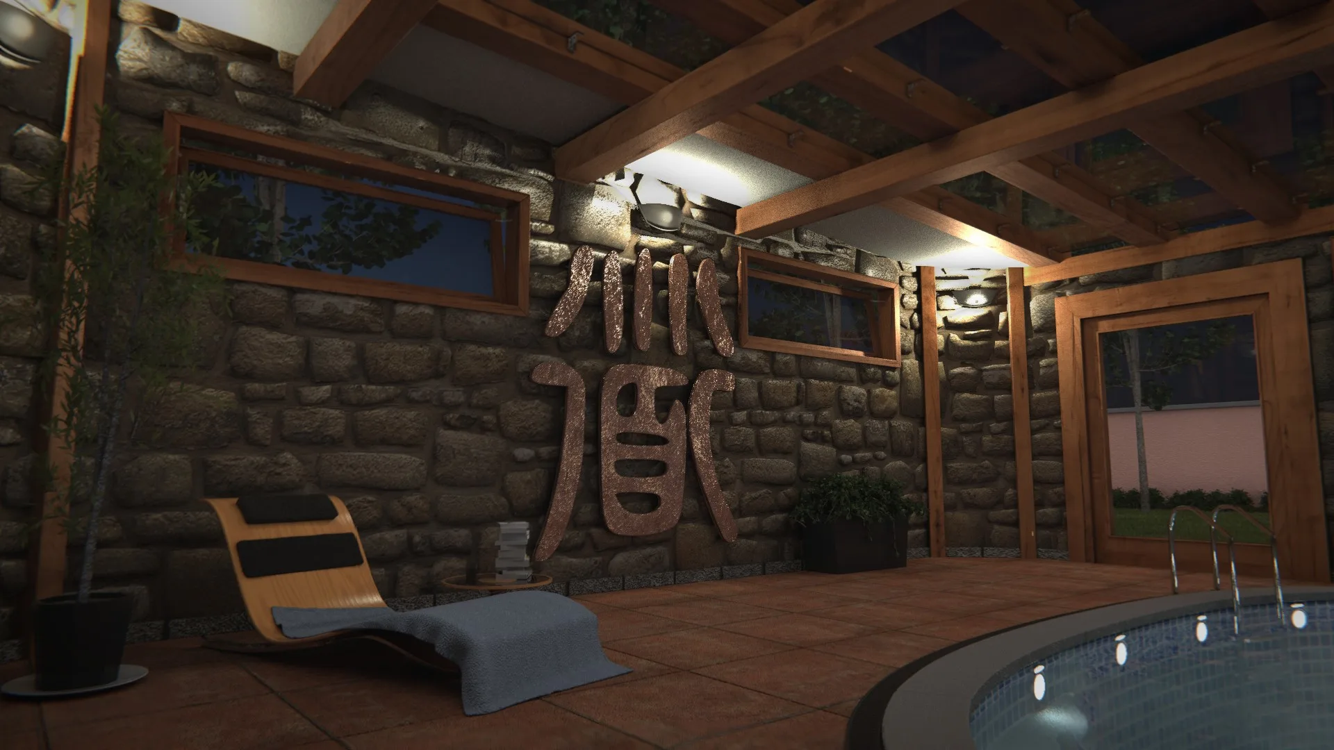 The pool house at night, lit by warm lamps, with the pool glowing at the right and the lounge chair and wall characters on the left.