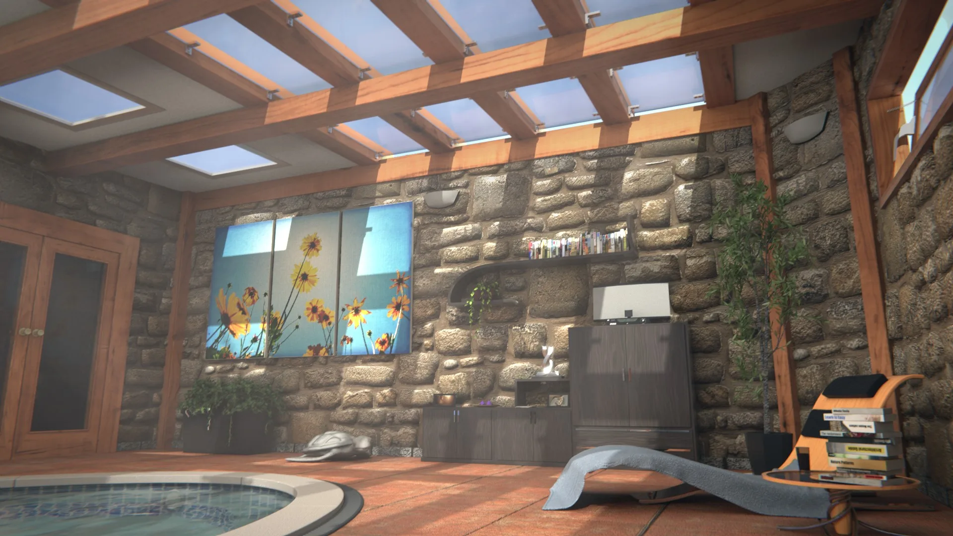 The pool house seen from the pool side, with skylights above, a colourful flower painting on the wall, a dark cabinet and a lounge chair.