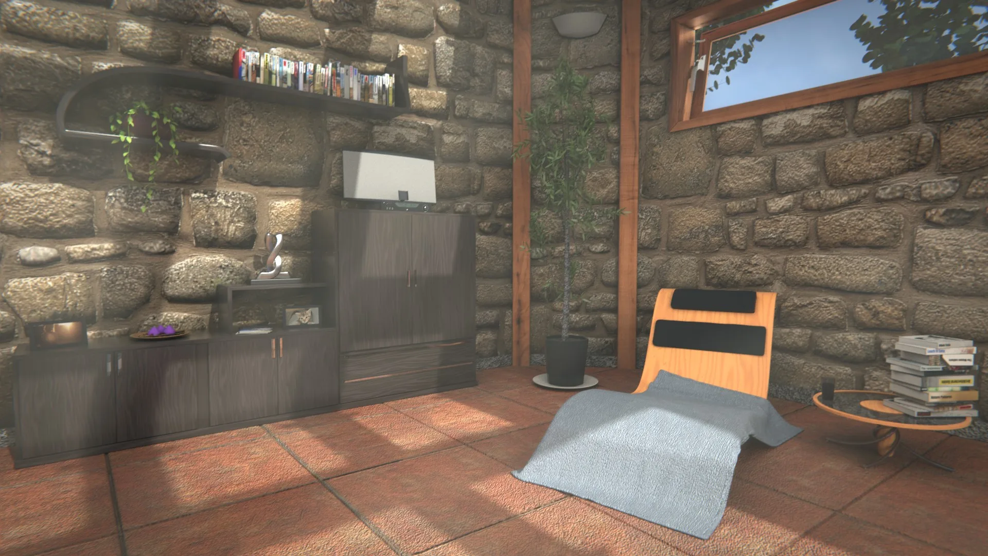 A corner of the pool house with a bookshelf, dark cabinets, a plant, a lounge chair and a small table with books.