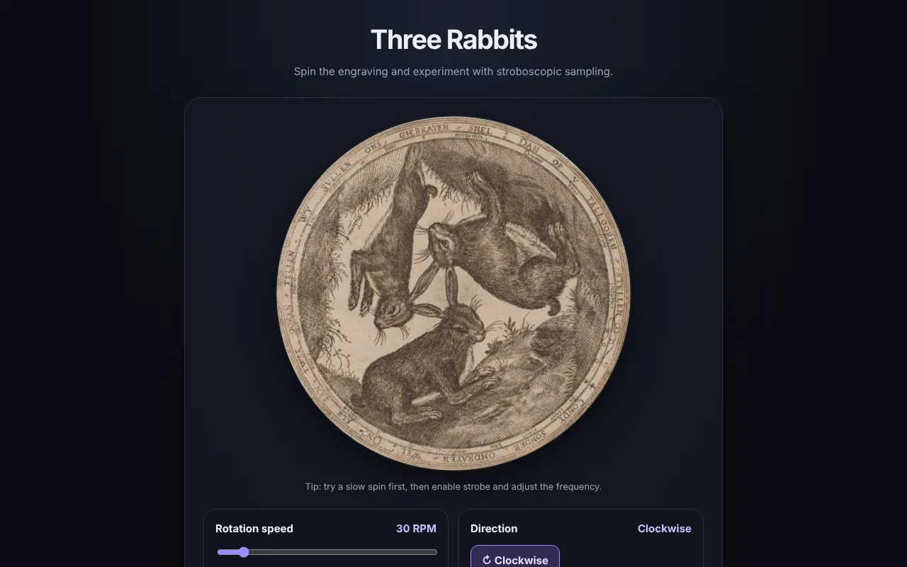 The Three Rabbits page: a circular engraving of three rabbits above the spin controls.