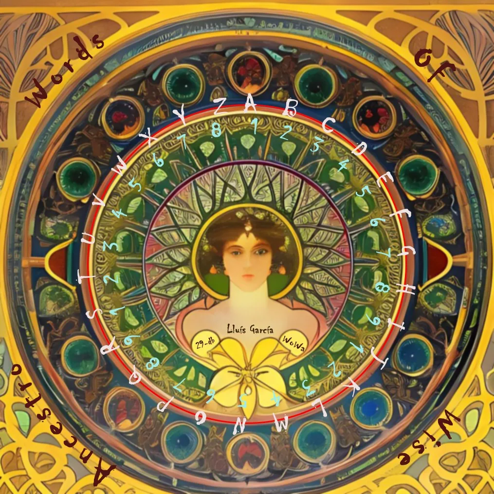 Cover of Words of Wise Ancestro (WoWa): a circular art-nouveau style mandala with a woman's portrait at the centre, rings of letters and numbers around her, and the title words in the corners.